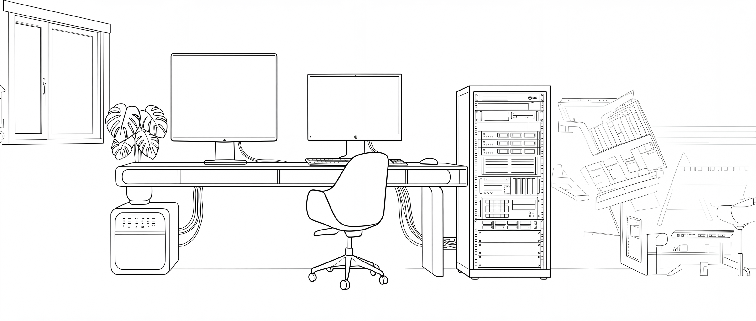 Line drawing of the JDH TECHS office: two monitors, a desk and a server rack